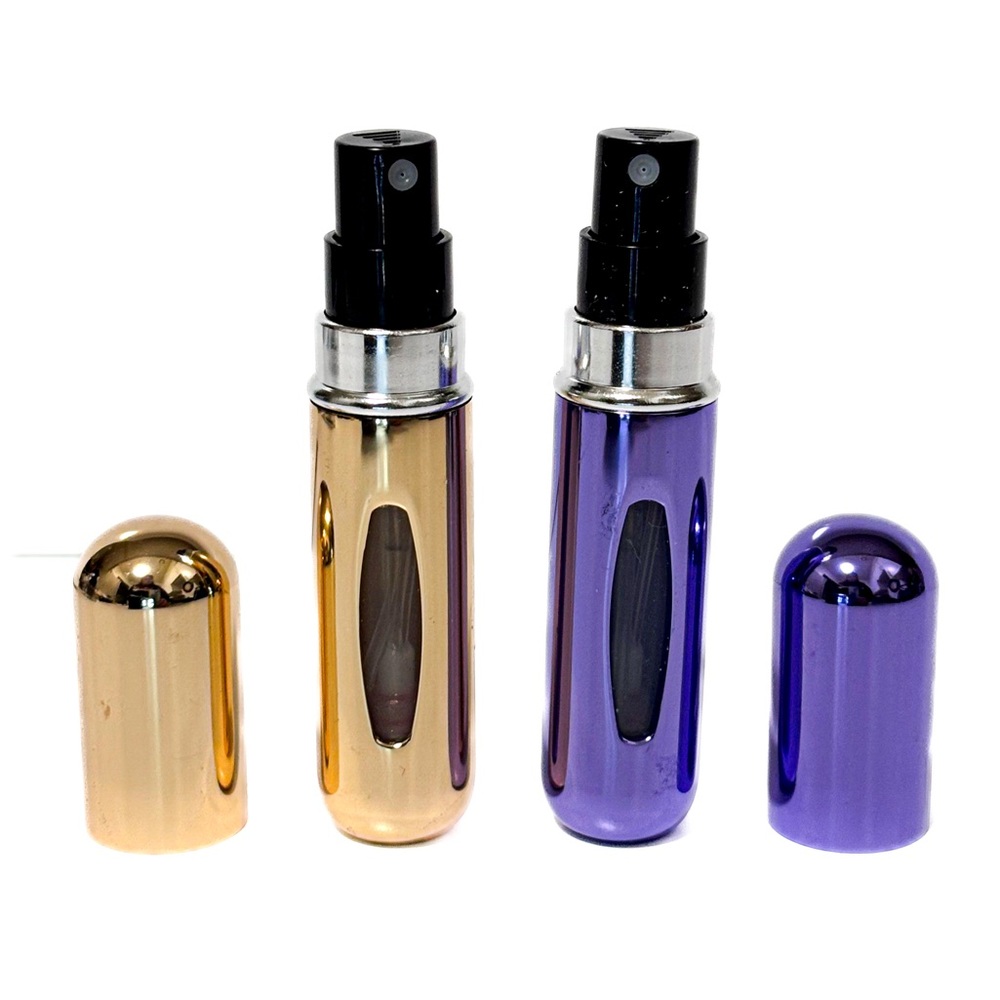 NEW -  2PC Refillable Perfume Atomizer Bottles Gold & Purple Travel Size 5ml